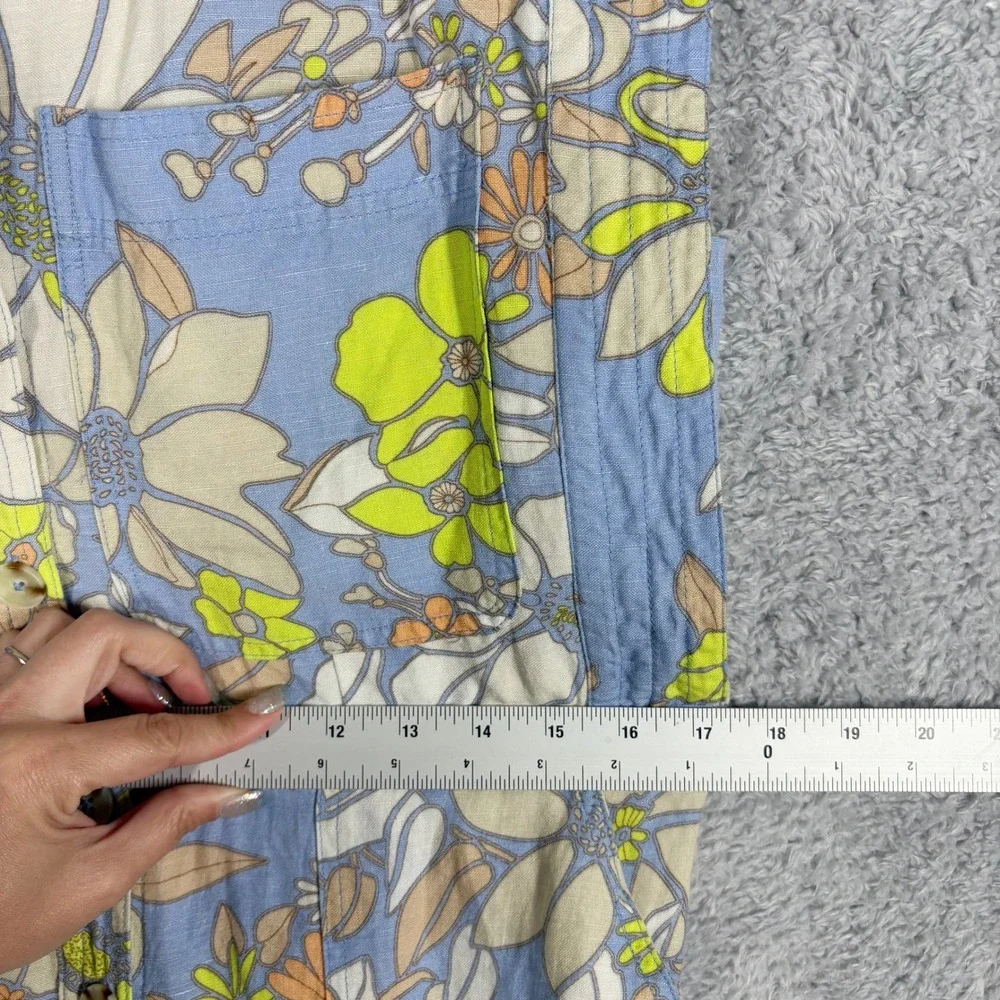 Current Air Floral Print Linen Blend Utility‎ Jumpsuit Size M Blue Yellow Belt